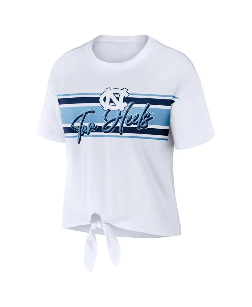 Women's Wear by Erin Andrews White North Carolina Tar Heels Striped Front Knot Cropped T-shirt