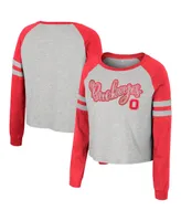 Women's Colosseum Heather Gray Ohio State Buckeyes I'm Gliding Here Raglan Long Sleeve Cropped T-shirt