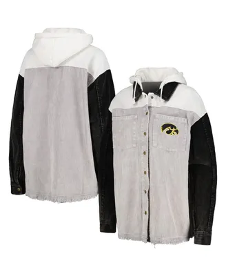 Women's Gameday Couture Gray Distressed Iowa Hawkeyes Vintage-Like Wash Corduroy Full-Snap Hooded Shacket