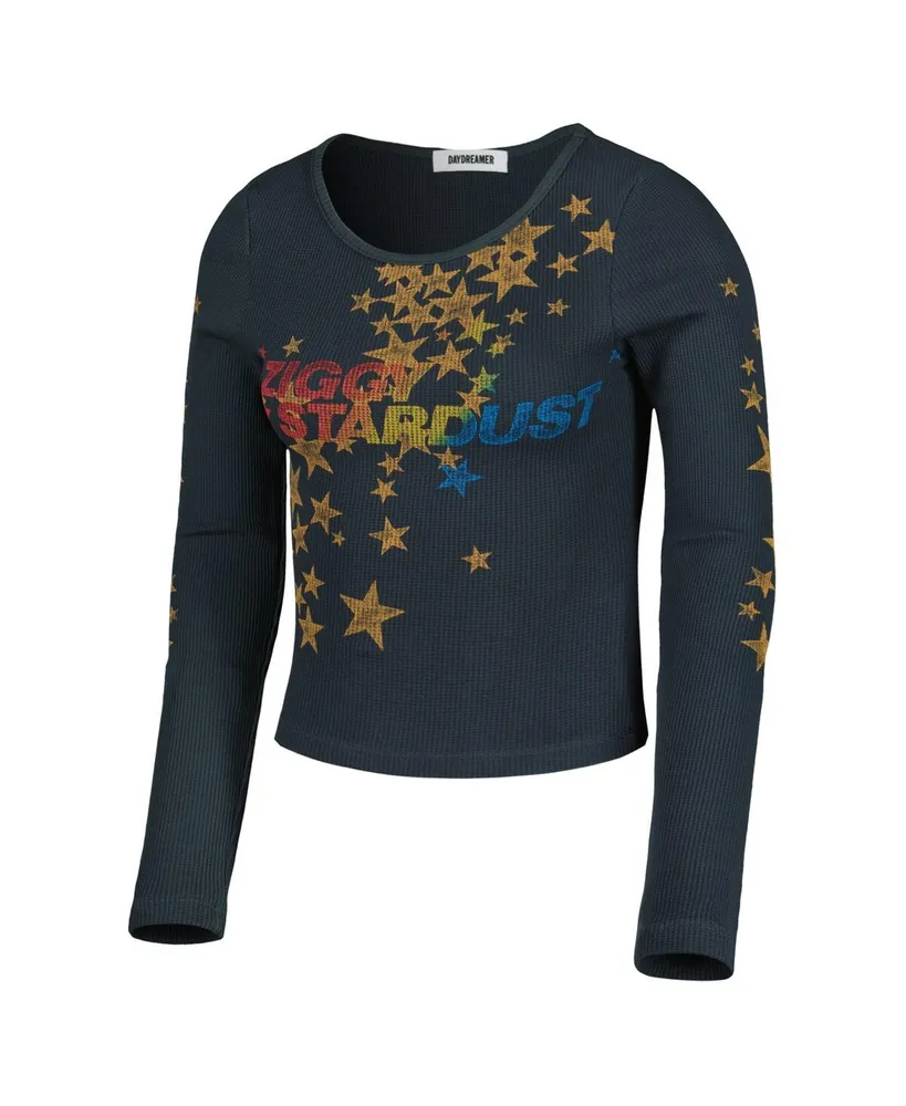 Women's Charcoal Distressed David Bowie Ziggy Stardust Thermal Cropped Pullover Sweatshirt