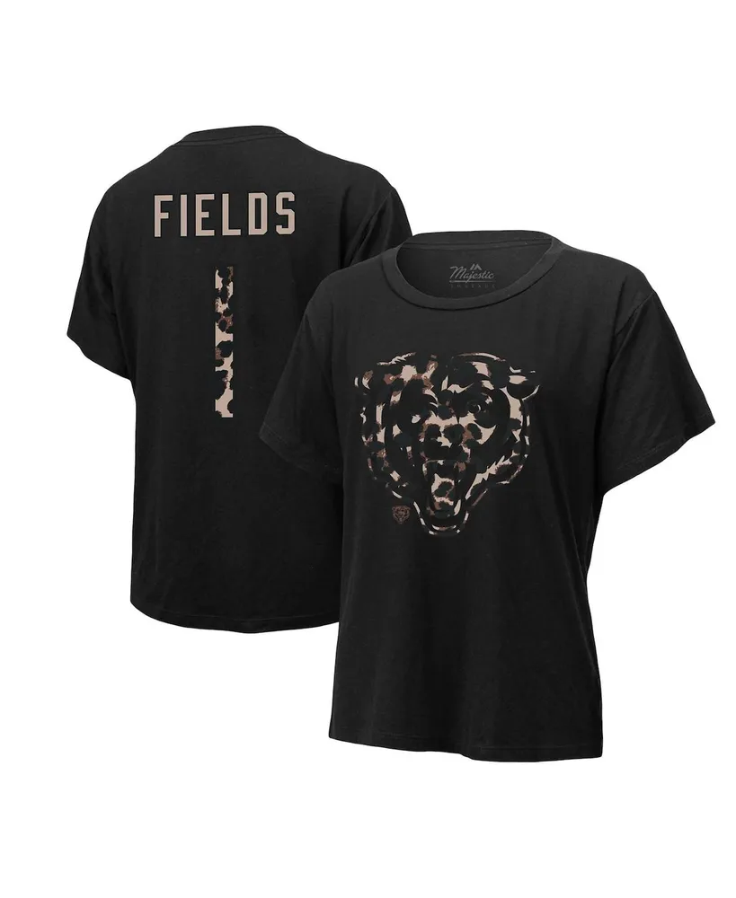 Majestic Women's Majestic Threads Justin Fields Black Chicago Bears Leopard  Player Name and Number T-shirt