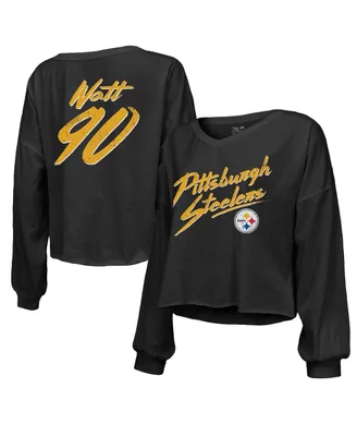 Women's Majestic Threads T.j. Watt Black Distressed Pittsburgh Steelers Name and Number Off-Shoulder Script Cropped Long Sleeve V-Neck T-shirt
