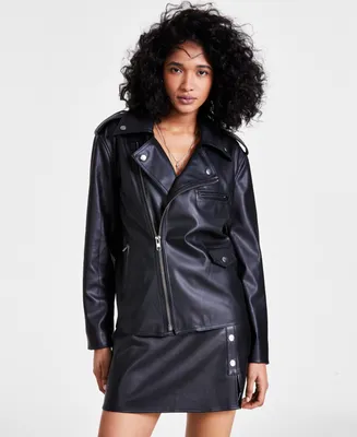 Bar Iii Petite Faux-Leather Moto Jacket, Created for Macy's