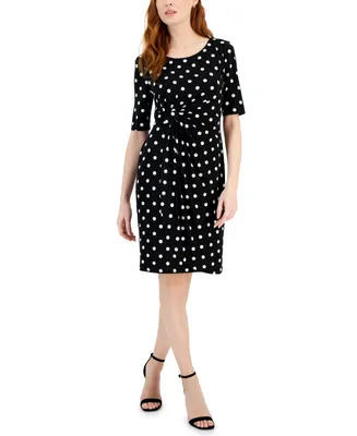 Connected Petite Dot-Print Side-Tab Sheath Dress