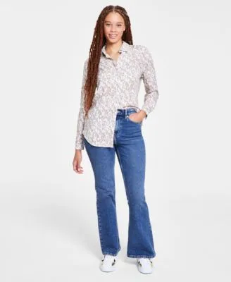 Calvin Klein Jeans Womens Covert Long Sleeve Button Front Shirt High Rise Flare Jeans