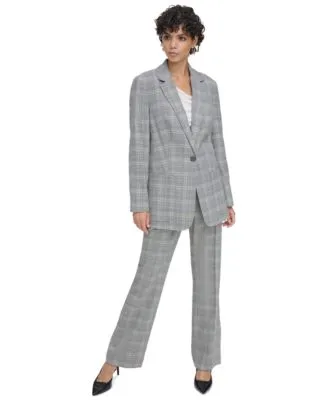 Calvin Klein Petite Plaid Single Button Jacket Asymmetrical Top Plaid Wide Leg Pants
