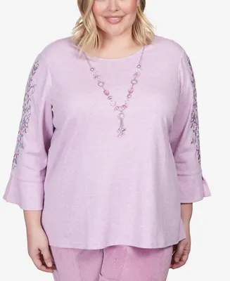 Alfred Dunner Plus Size Swiss Chalet Embroidered Flutter Sleeve Top with Necklace