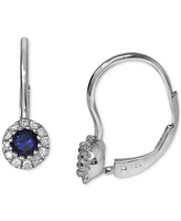 Sapphire (3/8 ct. t.w.) & Diamond (1/10 ct. t.w.) Halo Leverback Drop Earrings in 14k White Gold