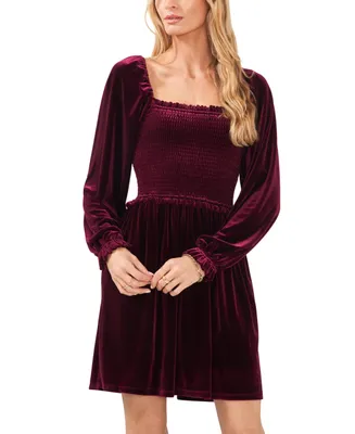 1.state Women's Velvet Smocked Bodice Long Sleeve Dress