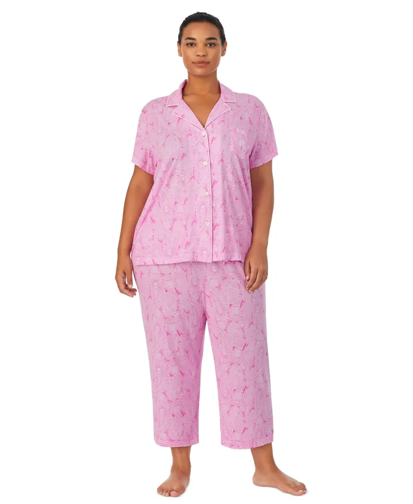Lauren Ralph Plus Paisley Knit Short-Sleeve Top and Capri Pajama Pants Set
