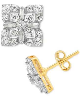 Diamond Round & Baguette Cluster Stud Earrings (1 ct. t.w.) in 10k White Gold