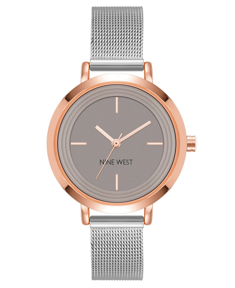 Nine West Women's Quartz Silver-Tone Stainless Steel Mesh Band Watch, 34mm - Taupe, Silver-Tone, Rose Gold