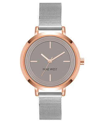 Nine West Women's Quartz Silver-Tone Stainless Steel Mesh Band Watch, 34mm - Taupe, Silver-Tone, Rose Gold