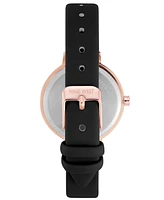 Nine West Women's Quartz Black Faux Leather Band and Floral Pattern Watch, 36.5mm - Black, Rose Gold