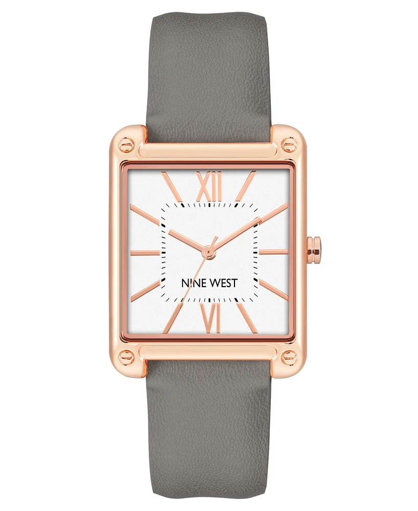 Nine West Women's Quartz Square Gray Faux Leather Band Watch, 29mm - Gray, Rose Gold