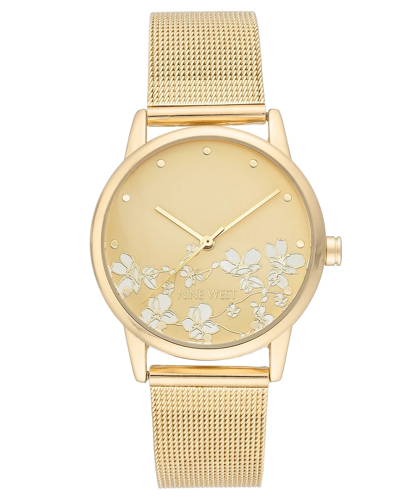 Nine West Women's Quartz Gold-Tone Stainless Steel Mesh Band and Flower Pattern Watch, 35mm