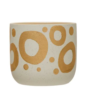 Hand-Painted Stoneware Planter with Gold-Tone Design, Holds 5" Pot