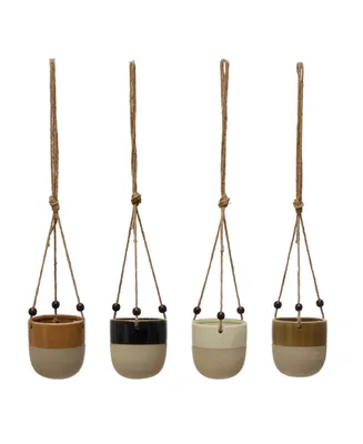 Set of 4, 4.5" H Stoneware Planter with Bead Hanger, 4 Styles