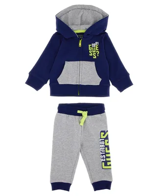 Guess Baby Boys French Terry Screen and Puff Print Logo Zip Up Sweatshirt and Joggers, 2 Piece Set