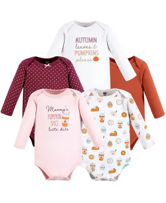 Hudson Baby Girls Cotton Long-Sleeve Bodysuits, Pumpkin Spice Date, 5-Pack