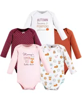 Hudson Baby Baby Girls Cotton Long-Sleeve Bodysuits, Pumpkin Spice Date, 5-Pack