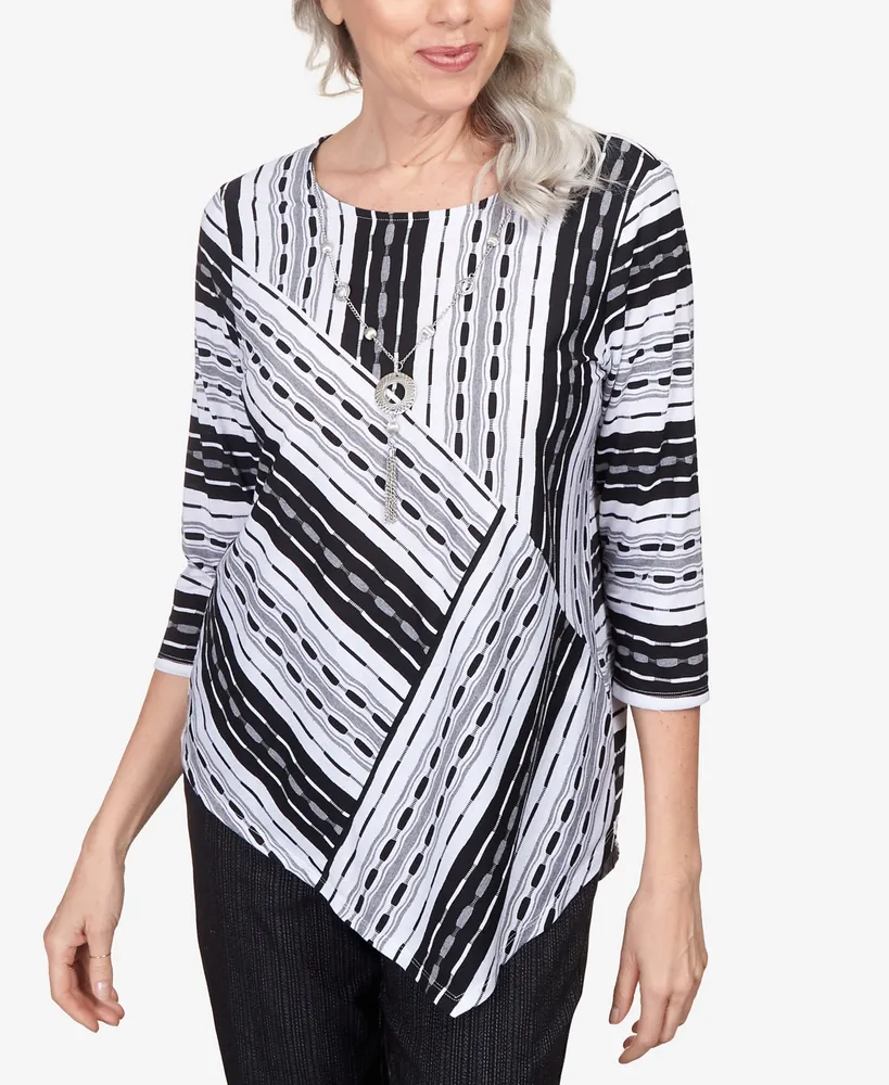 Alfred Dunner Women's World Traveler Spliced Stripe Asymmetric Hem Top with Necklace