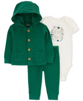 Carter's Baby Boys 3-Pc. Thermal Waffle-Knit Hooded Cardigan; Printed Bodysuit & Pants Set