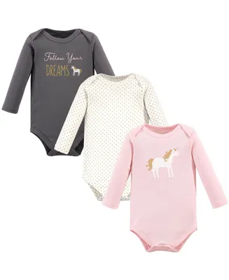 Hudson Baby Infant Girl Cotton Long-Sleeve Bodysuits, Gold Unicorn, 3-Pack