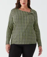 Ella Rafaella Plus Houndstooth Print Asymmetric Neck Long Sleeve Top