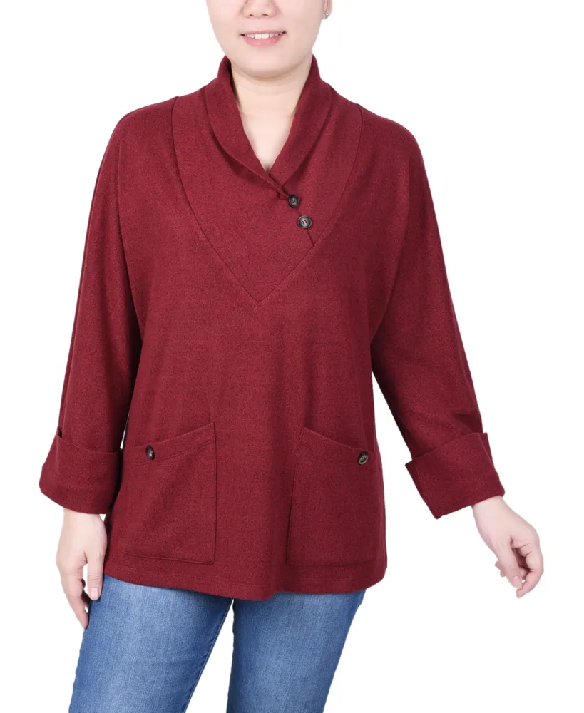 Ny Collection Women's Long Sleeve Shawl Collar Top with Pockets