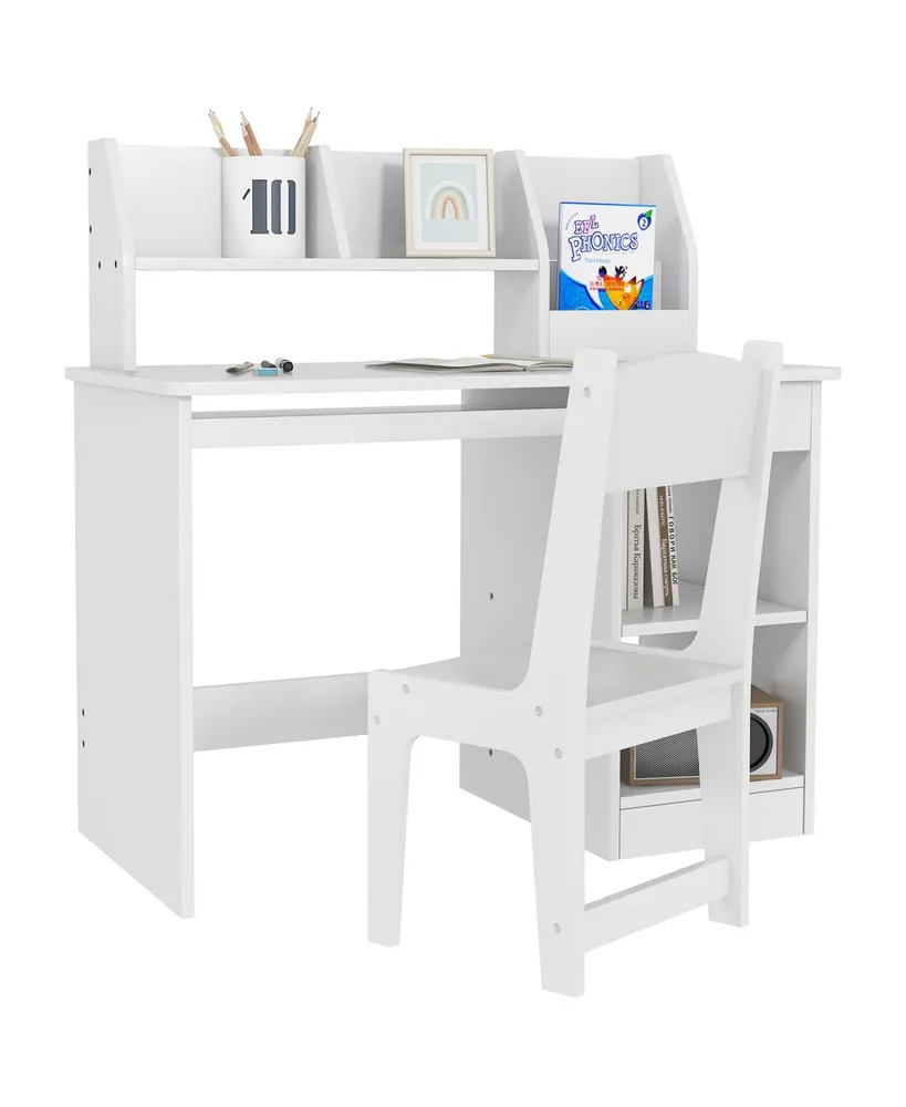 Qaba Kids Desk and Chair Set 5-8 Year Old with Storage, White