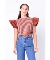 Women's Stripe Knit with Poplin Puff Sleeve Top