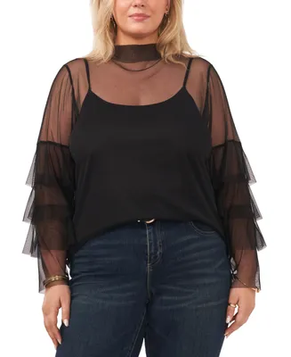 Vince Camuto Trendy Plus Size Tiered-Sleeve Mesh Mock Neck Blouse