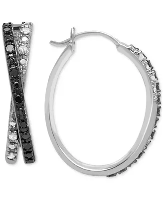 Black Diamond (1/10 ct. t.w.) & White Diamond (1/20 ct. t.w.) Crossover Hoop Earrings in Sterling Silver