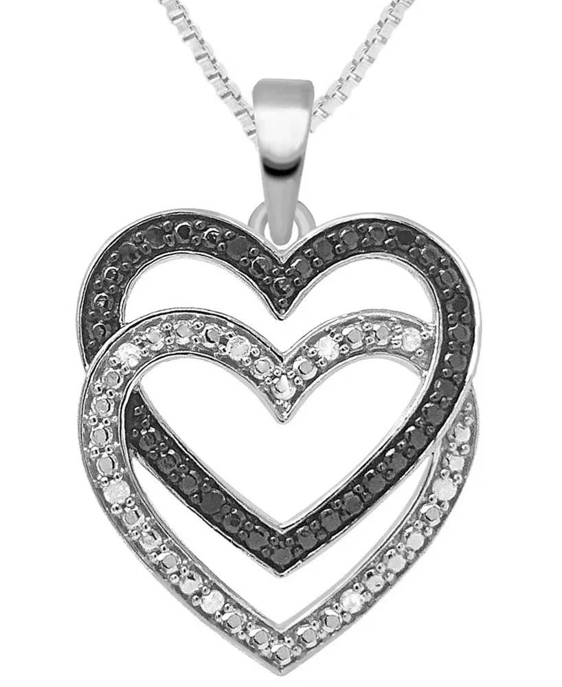 Black & White Diamond Double Heart 18" Pendant Necklace (1/6 ct. t.w.) in Sterling Silver