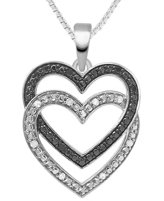 Black & White Diamond Double Heart 18" Pendant Necklace (1/6 ct. t.w.) in Sterling Silver