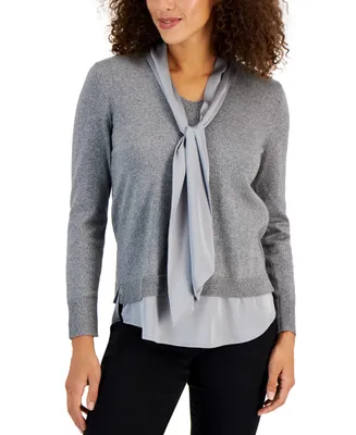 Anne Klein Women's Tie-Neck Layered-Look Sweater, Created For Macy's
