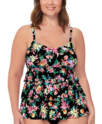 Island Escape Plus Floral-Print Tiered Tankini Top, Created for Macy's