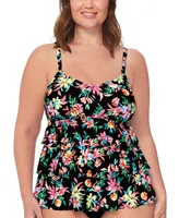 Island Escape Plus Size Floral-Print Tiered Tankini Top, Created for Macy's