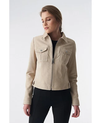 Furniq Uk Women's Denim Style Zipper Suede Jacket, Beige