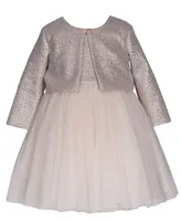 Bonnie Baby Girls Long Sleeved Foiled Knit Cardigan Over Ballerina Dress