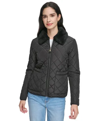 Dkny Women's Faux-Fur-Collar Quilted Coat