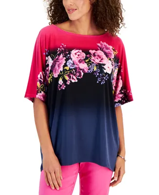 Jm Collection Women's Floral-Print Slit-Sleeve High-Low Top, Created for Macy's