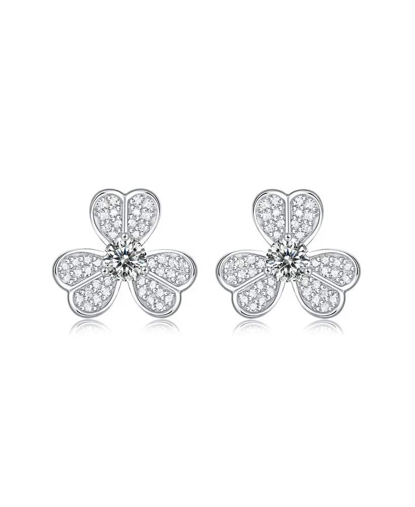 Sterling Silver White Gold Plated with 0.25ctw Lab Created Moissanite Blooming Flower Petal Stud Earrings