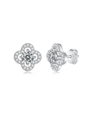 Sterling Silver White Gold Plated with 0.50ctw Lab Created Moissanite Four-Leaf Halo Cluster Stud Earrings