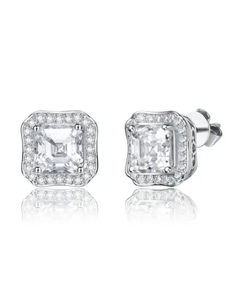 Sterling Silver White Gold Plated with 2.50ctw Radiant Lab Created Moissanite Halo Vintage like Geometric Square Stud Earrings
