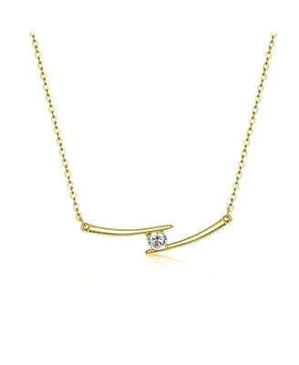 Sterling Silver 14k Gold Plated with 0.30ctw Lab Created Moissanite Solitaire Chevron Bar Pendant Necklace