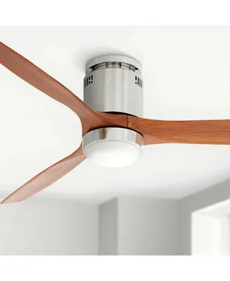 52" Windspun Modern Hugger Indoor Ceiling Fan with Led Light Remote Control Brushed Nickel Carved Wood Blade Low Profile Dimmable for Living Room Kitc