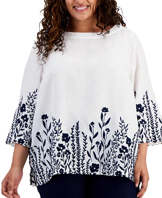 Charter Club Plus 100% Linen Embroidered Top, Created for Macy's