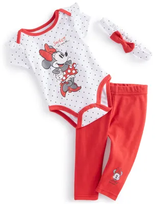 Disney Baby Girls Minnie Mouse Headband, Bodysuit and Leggings, 3 Piece Set